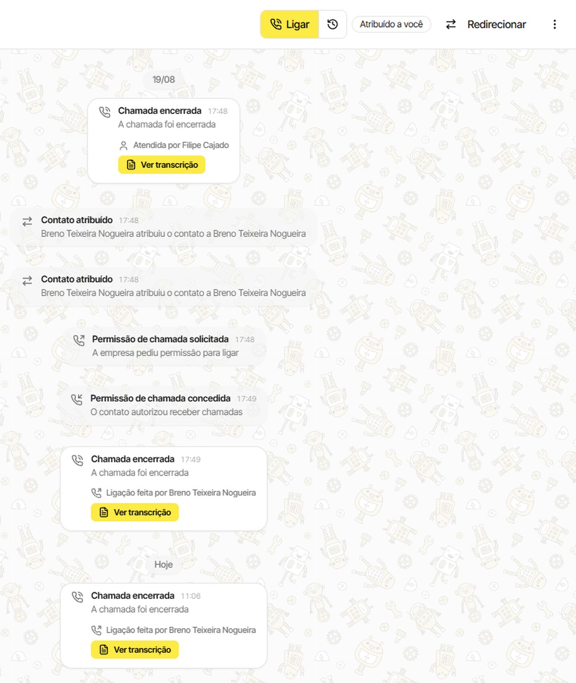 Tela de chat da Plataforma Kaizen mostrando os eventos de permissão de chamada solicitada, permissão concedida e chamada encerrada com botão de ver transcrição
